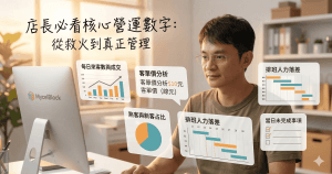 店長在門市查看每日營運數字與管理報表，掌握來客數、營業額與員工現場狀況