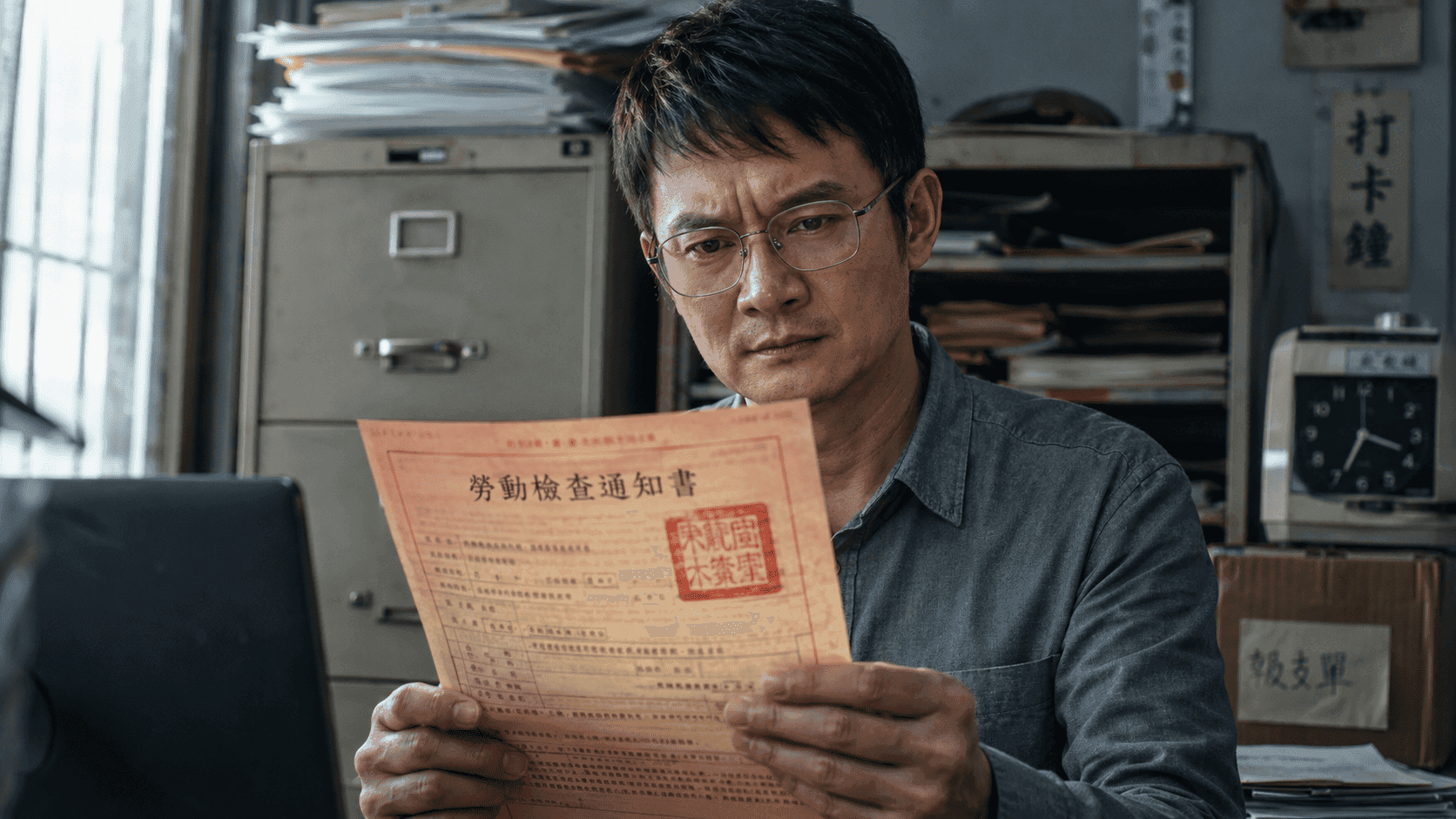 台灣小型企業老闆收到勞動檢查通知書時神情凝重，身後是堆滿紙本檔案的辦公室，呈現傳統紙本管理難以面對勞檢的真實寫照