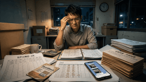 餐飲業老闆深夜獨自處理紙本打卡單與 Excel 算薪資，桌上堆滿出勤記錄與計算機