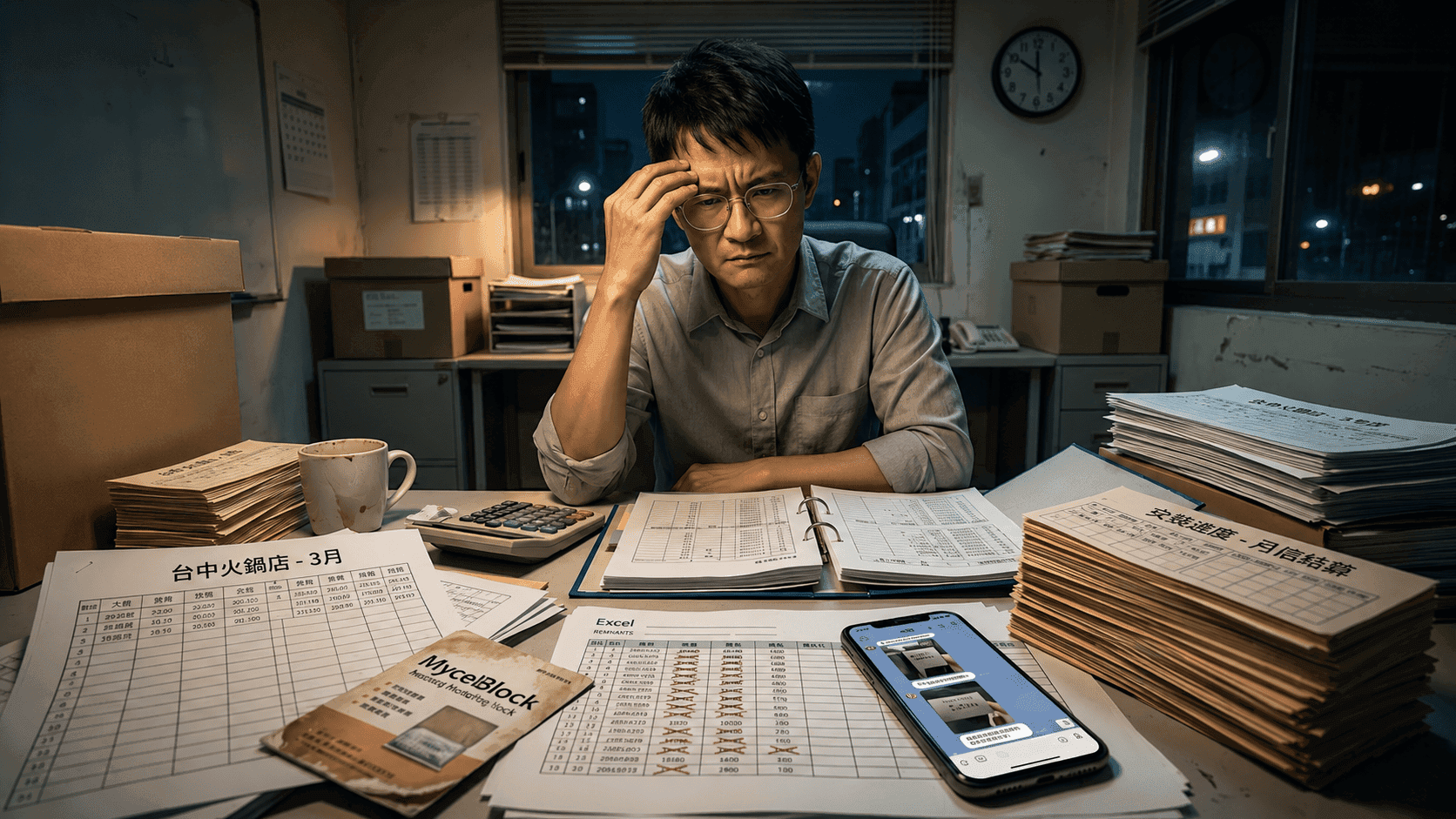 餐飲業老闆深夜獨自處理紙本打卡單與 Excel 算薪資,桌上堆滿出勤記錄與計算機