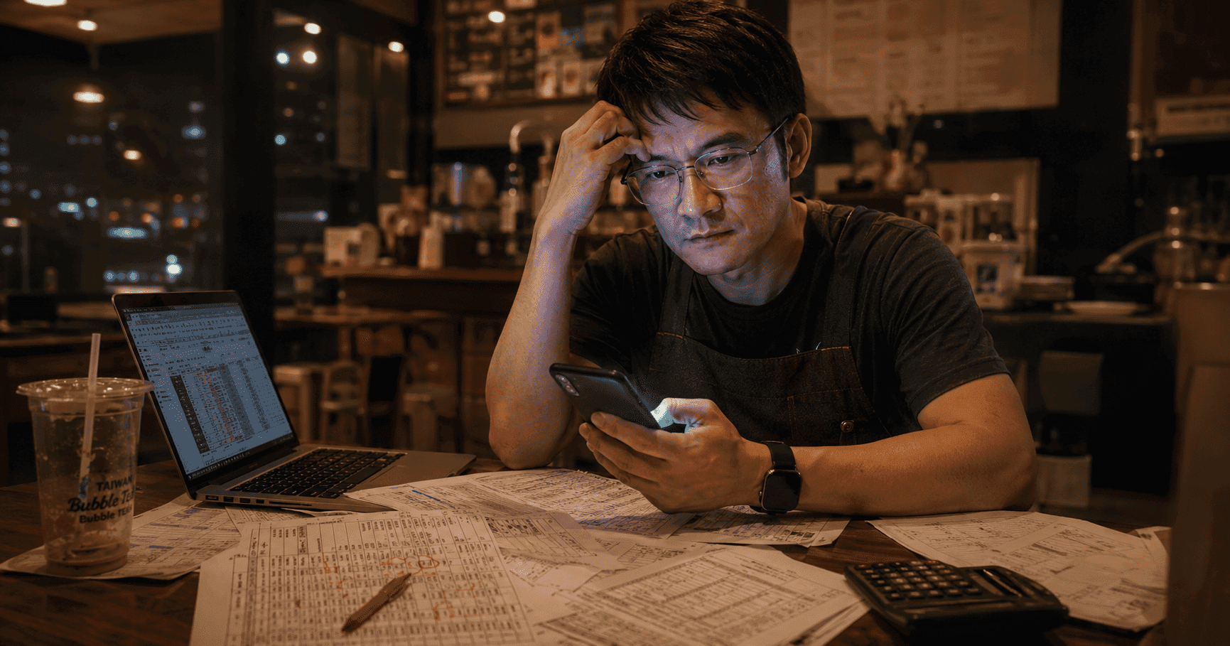 手搖飲店長下班後獨自處理排班，桌上散落紙本班表、Excel 試算表、LINE 訊息與紅筆塗改痕跡
