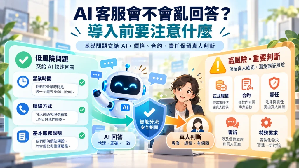 AI 客服將低風險常見問題與高風險報價合約責任分流,重要判斷保留真人確認