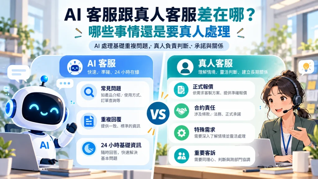AI 客服與真人客服分工比較,AI 處理基礎重複問題,真人負責報價合約責任與特殊需求