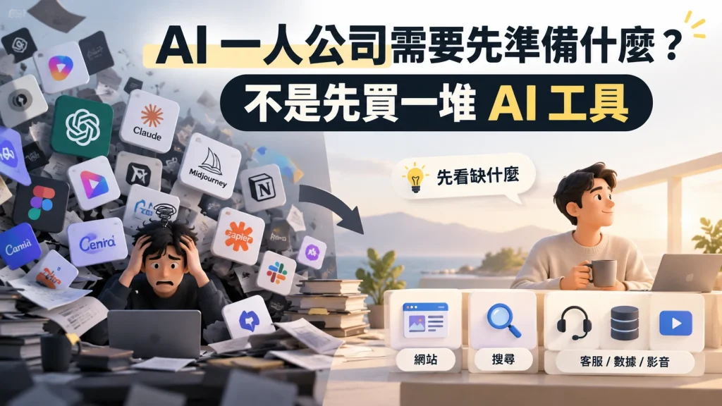AI 一人公司從大量工具與混亂工作中,先辨識真正缺少的網站、搜尋、客服、數據或影音能力
