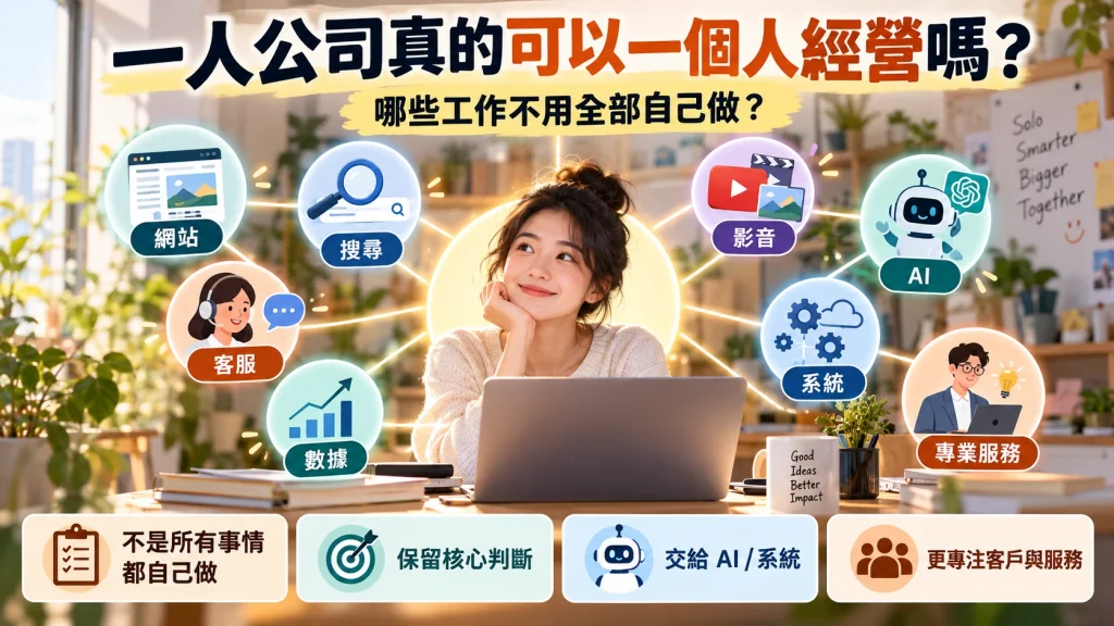 一人公司把網站、搜尋、客服、數據與影音工作交由 AI、系統與專業服務分工,保留核心判斷