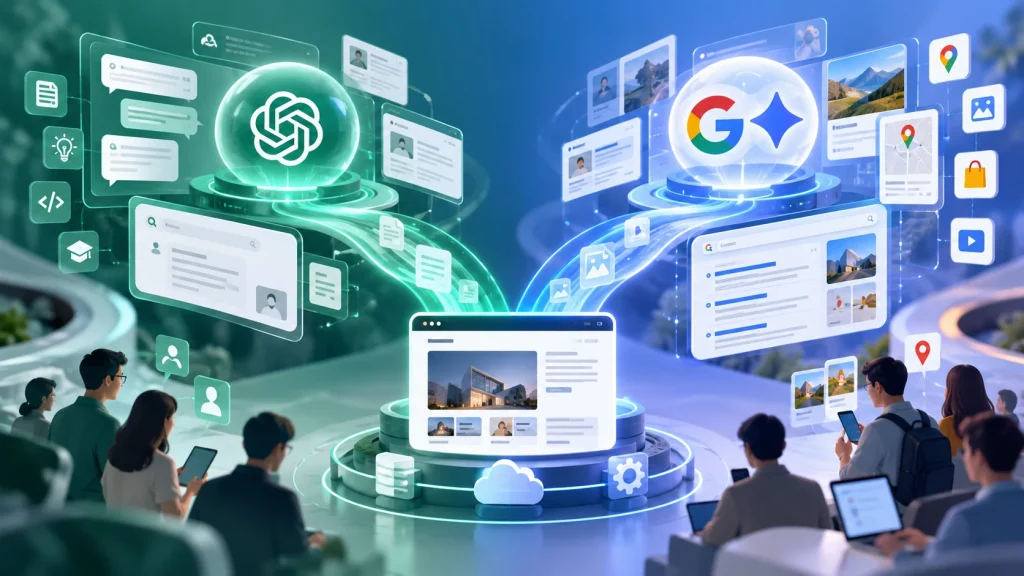 同一個企業網站內容流向 ChatGPT 與 Google Gemini 等不同 AI 搜尋環境,顯示平台不同但共用搜尋基礎