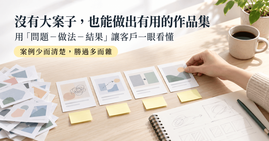 桌面上擺著幾張代表作品案例的小卡片與一本攤開的筆記本,一隻手正把其中幾張卡片排整齊,旁邊有一小堆未使用的卡片被放在一旁,示意從多個作品中篩選出少數清楚案例的過程。