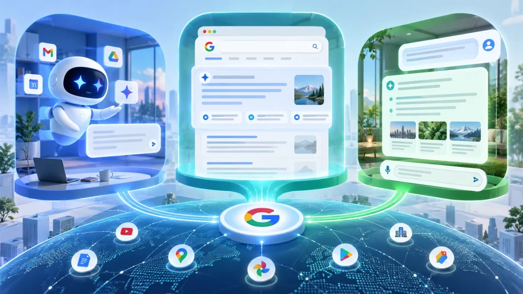 Google AI 生態系中 Gemini、AI Overviews 與 AI Mode 三種不同產品與搜尋使用情境的比較示意