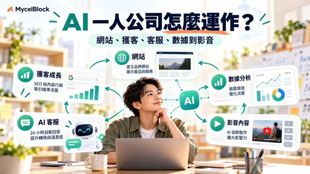 AI 一人公司以網站、搜尋獲客、AI 客服、數據分析與影音內容組成完整營運架構