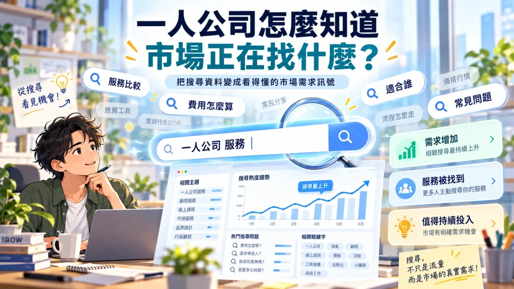 一人公司透過搜尋資料看懂市場正在找什麼,掌握需求增加、服務被找到與值得投入的主題