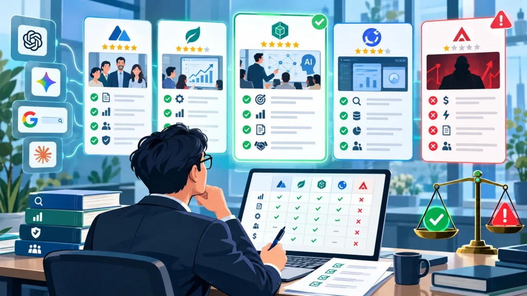 企業比較 GEO 服務商時，檢查是否理解網站與服務、能否說明可控制成果及避免保證 AI 推薦等紅旗