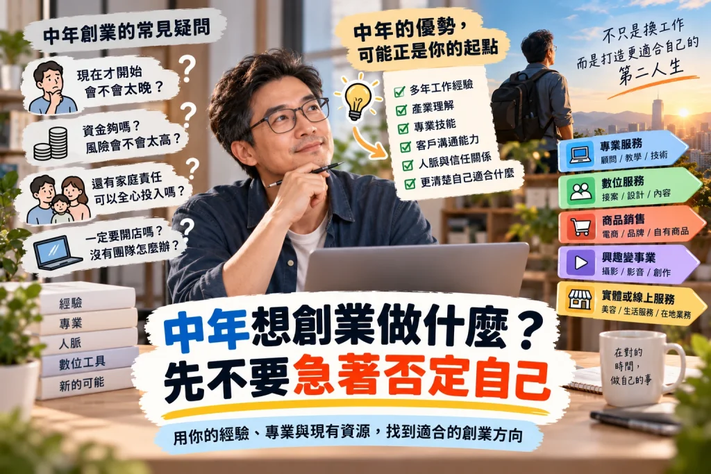 中年想創業時,盤點工作經驗、專業技能、人脈、資金與家庭責任,評估適合自己的創業方向