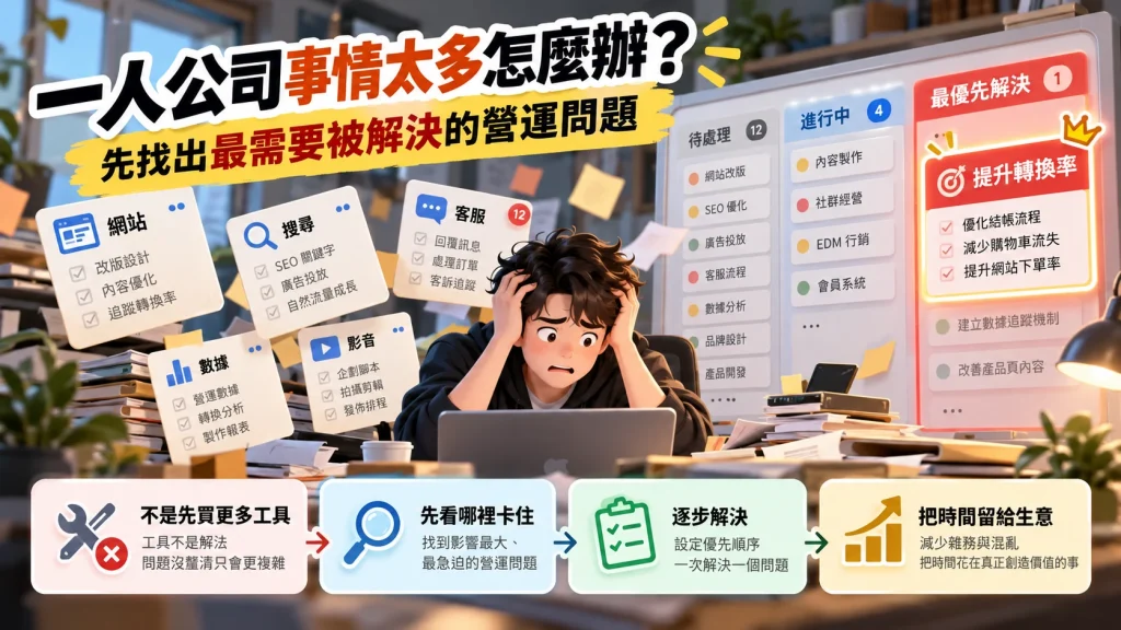 一人公司面對網站、搜尋、客服、數據與影音工作時，先辨識最影響生意的營運問題再逐步處理