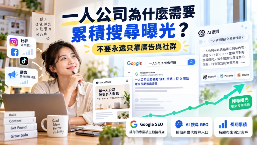 一人公司透過 SEO、GEO 與網站內容累積搜尋曝光,降低只依賴廣告與社群的風險