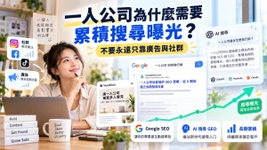 一人公司透過 SEO、GEO 與網站內容累積搜尋曝光，降低只依賴廣告與社群的風險