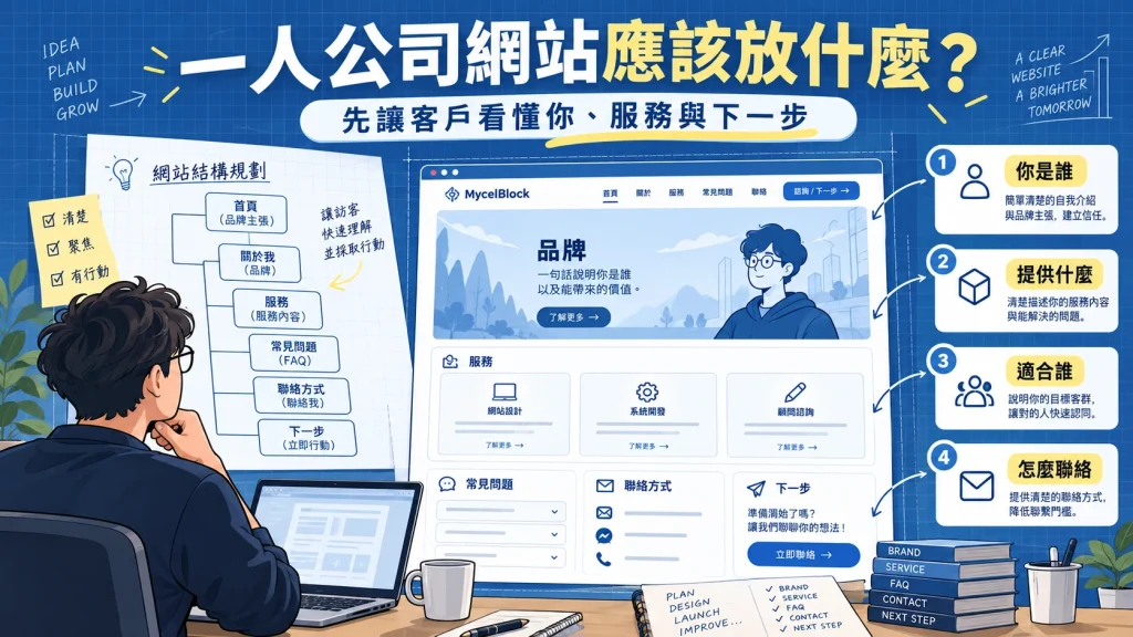 一人公司網站規劃品牌、服務、適合對象、常見問題、聯絡方式與下一步行動