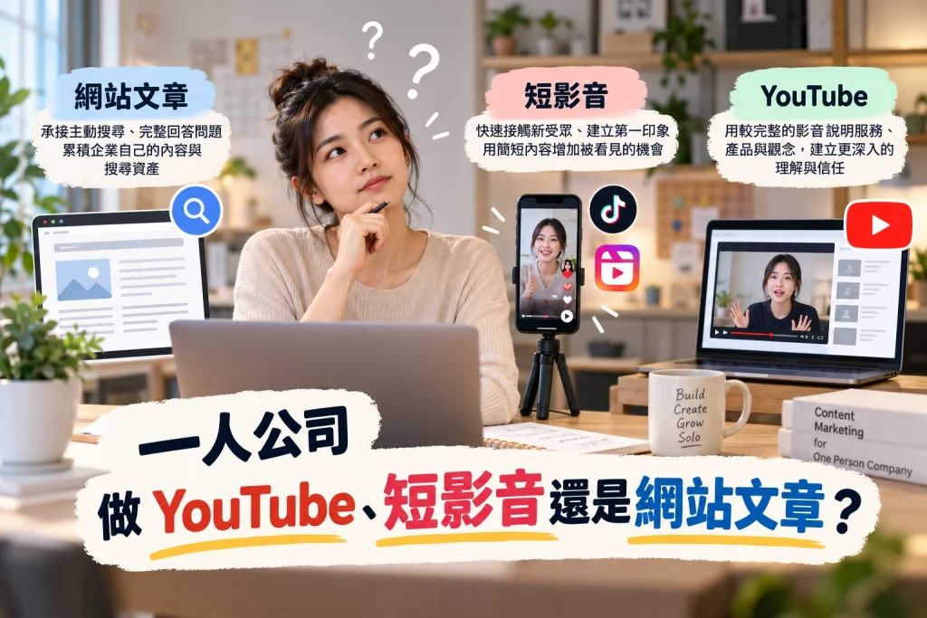 一人公司比較 YouTube、短影音與網站文章的內容行銷選擇