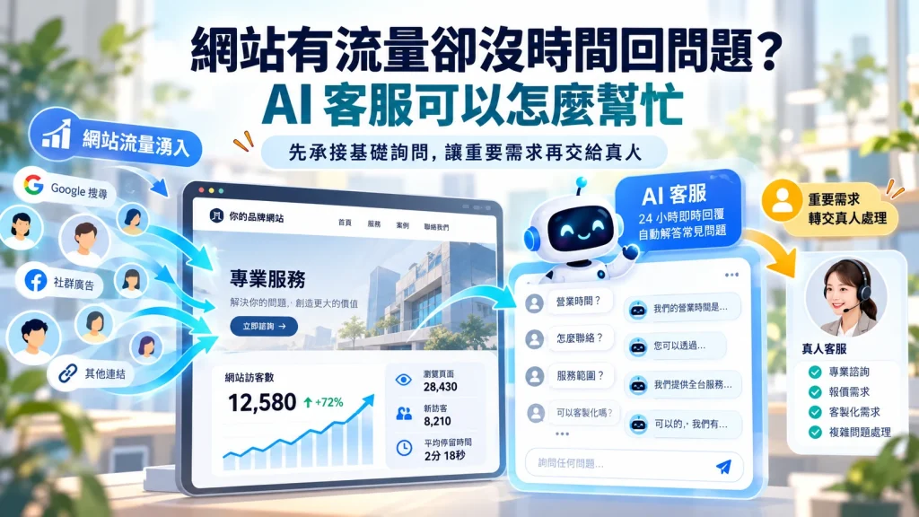 網站流量進入後由 AI 客服先承接基礎詢問,再把重要需求轉交真人處理