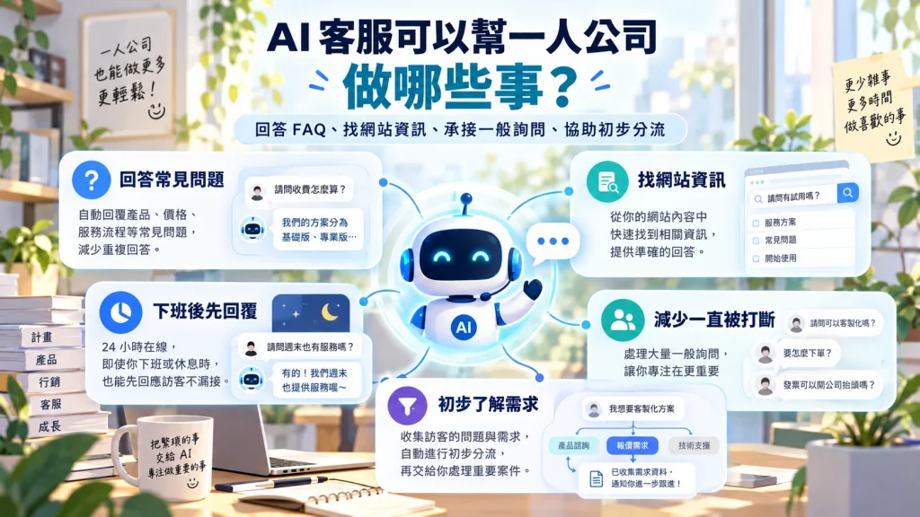 AI 客服協助一人公司回答 FAQ、找網站資訊、下班後回覆一般問題並初步了解客戶需求